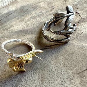 Delicate Nature Rings Sterling and Gold Plate Snail and Ginkgo Leaf Vine